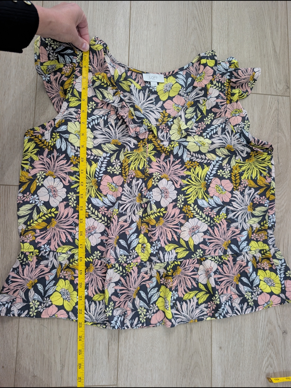 LOFT Floral Ruffle Sleeve Blouse in Black, Pink & Lime - Picture 12 of 12